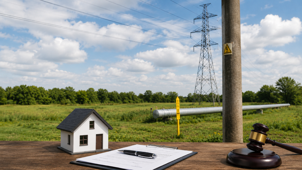 Model domu, dokumenty i młotek sędziowski na tle działki z gazociągiem, słupem energetycznym i liniami przesyłowymi